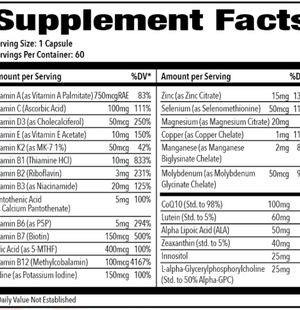 Supplement facts label with various vitamins and minerals listed