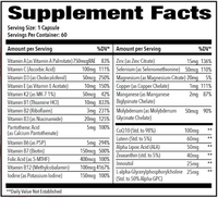 Supplement facts label with various vitamins and minerals listed